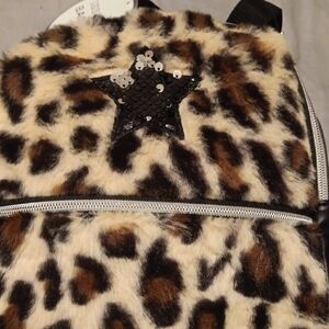Faux Fur Leopard Print Backpack with Sequin Star